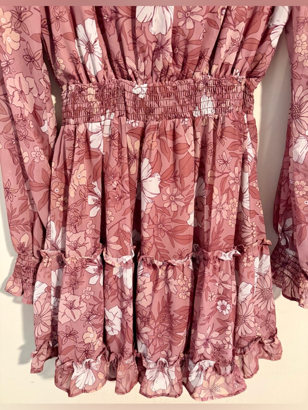 Peach Love California Floral Tie-Neck Elastic Waist Dress in Dusty Rose Sz Large - Picture 15 of 16